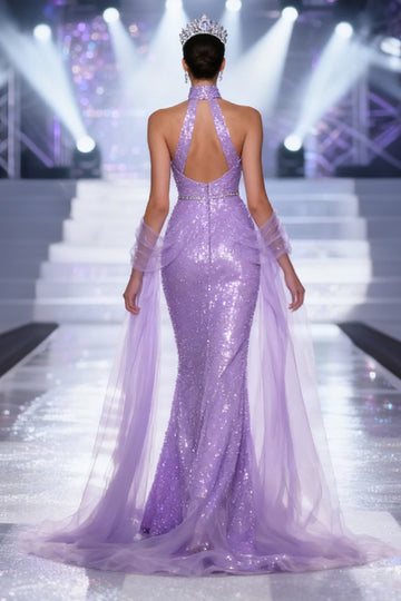 Sparkly Light Purple Halter Mermaid Pageant Dress with Drape